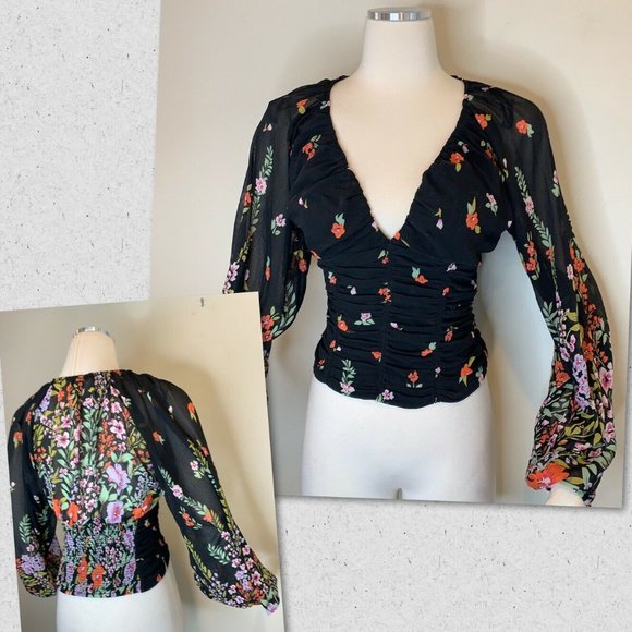 Free People Tops - Free People Black Floral Blouse Smocked V Neck NWT